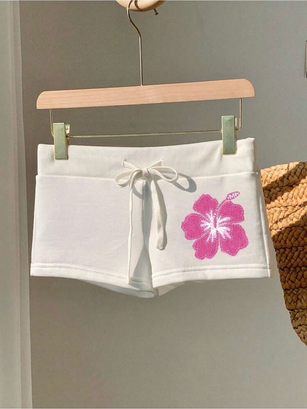 White Women's Knit Lounge Shorts with Pink Floral Accent